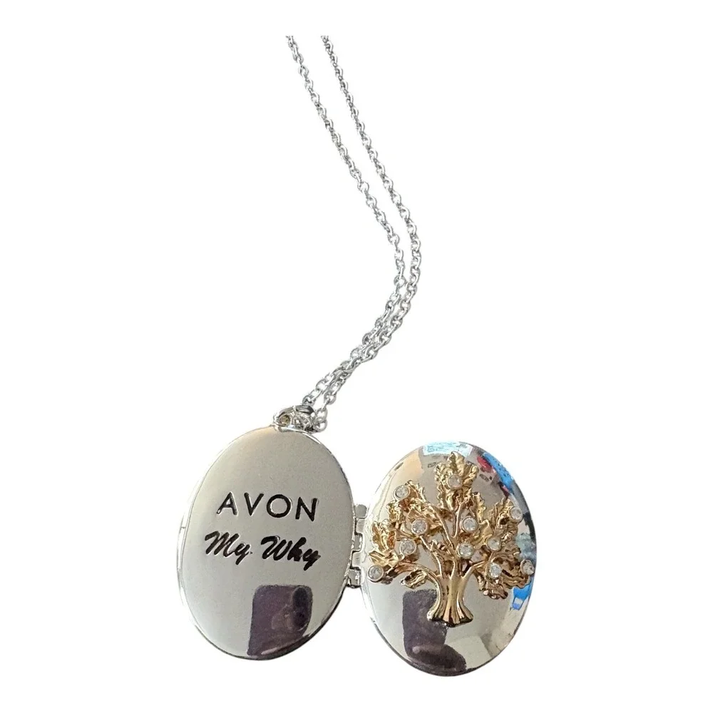 Avon My Why Tree of Life Locket Necklace Silver Gold Tone Crystal Oval Pendant